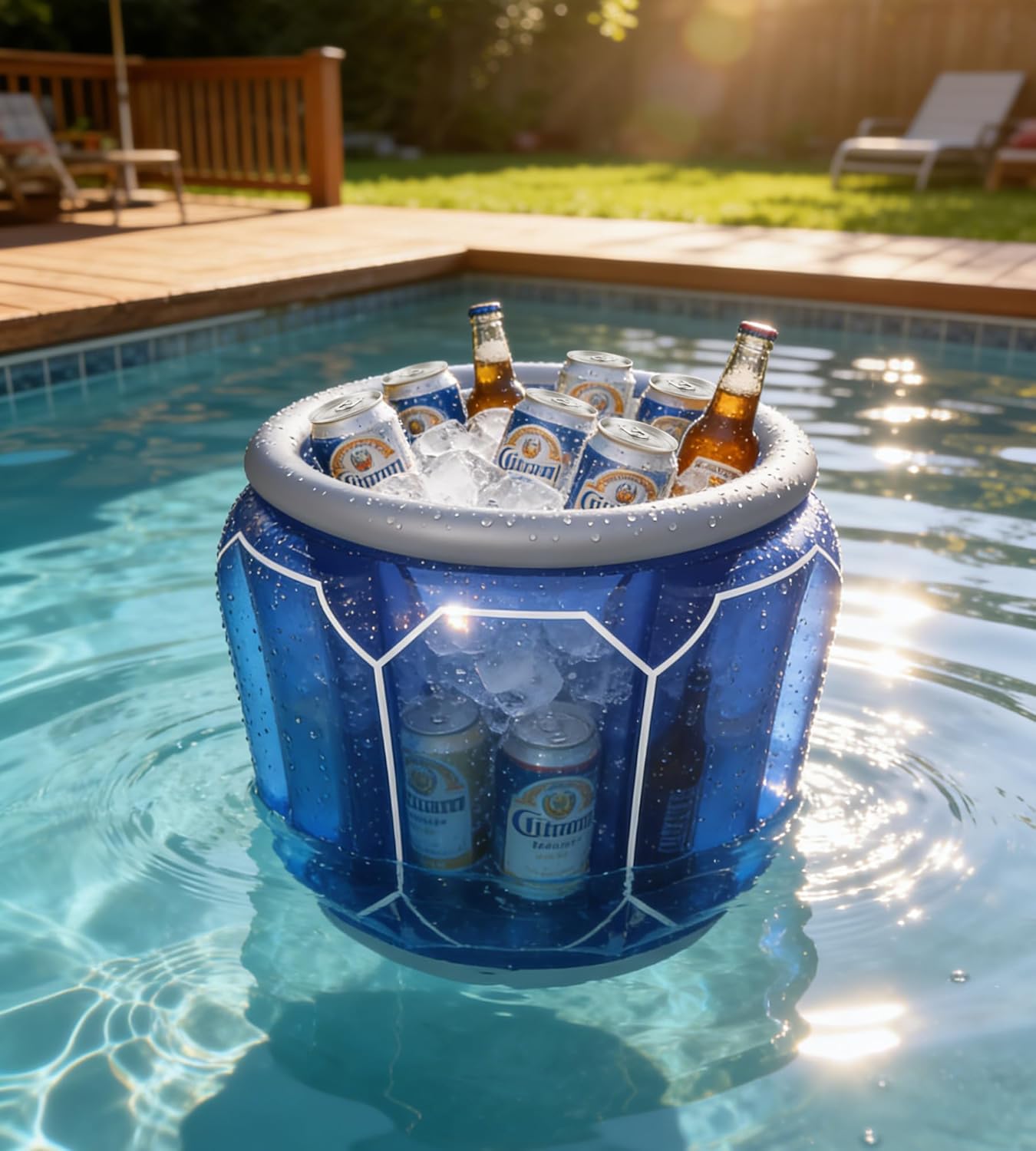 Cubo de hielo inflable con luz LED azul transparente y borde plateado