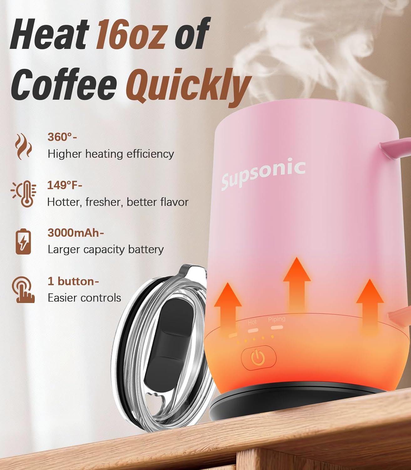 Taza café autocalentable 16oz con calentamiento rápido