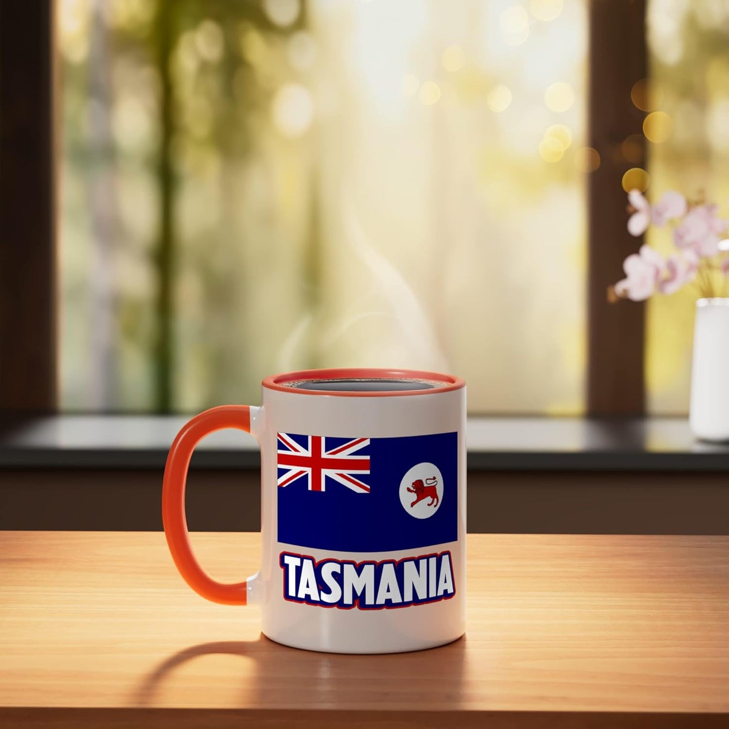 Taza cerámica Tasmanian Flag de Tasmania para hombres, mujeres y niños en naranja/blanco