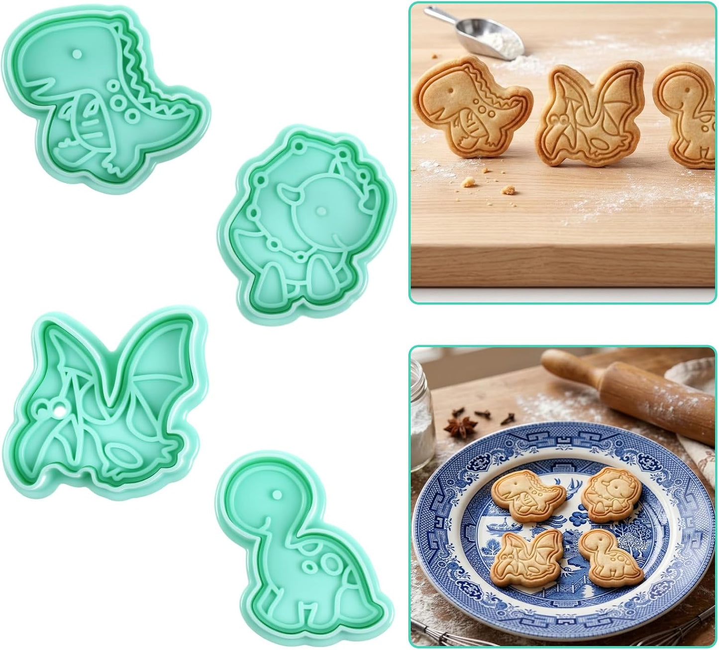 Set 4 Cortadores Galletas Dinosaurio 3D con Sellos