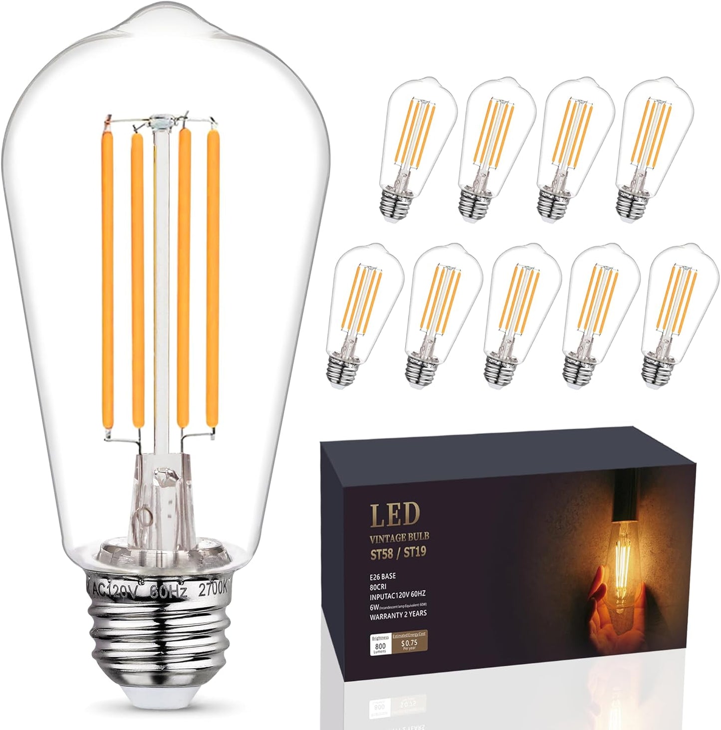 Pack 10 Bombillas LED Edison ST58 Regulables E26 2700K