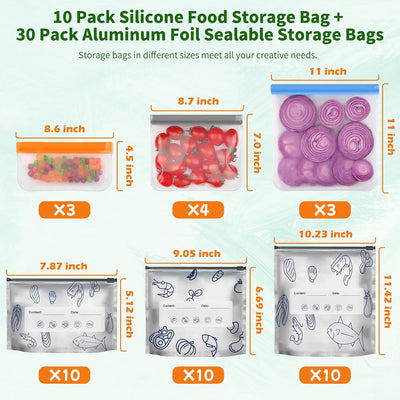 30 Bolsas Aluminio Sellables y 10 Bolsas Silicona Apta Lavavajillas