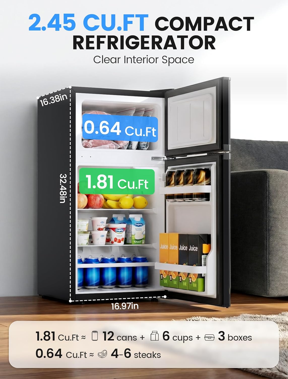 Refrigerador dormitorio 2.5pies cúbicos doble puerta negro