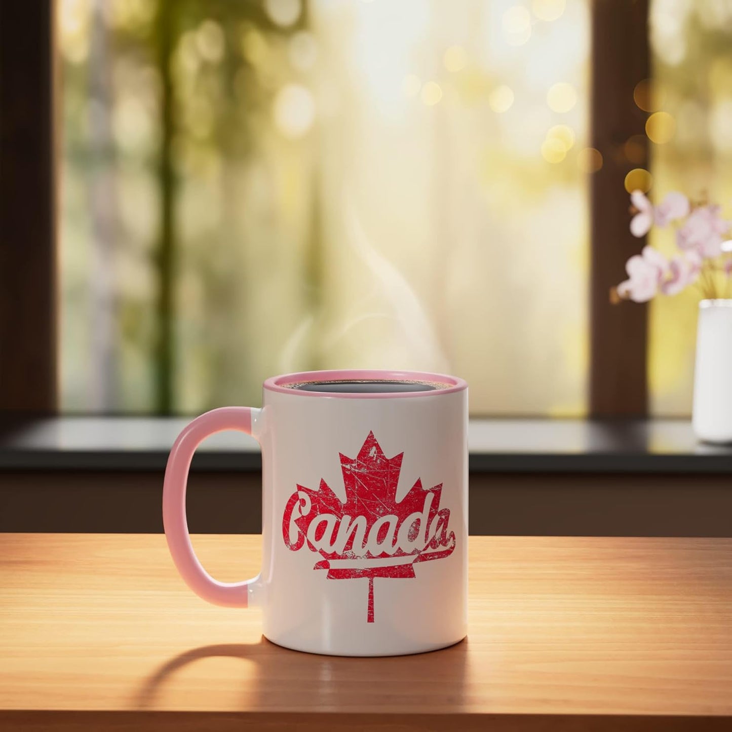 Taza cerámica vintage bandera canadiense hoja de maple rosa/blanca