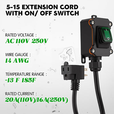 Cable extensión IP67 con interruptor 20A 125V LED verde