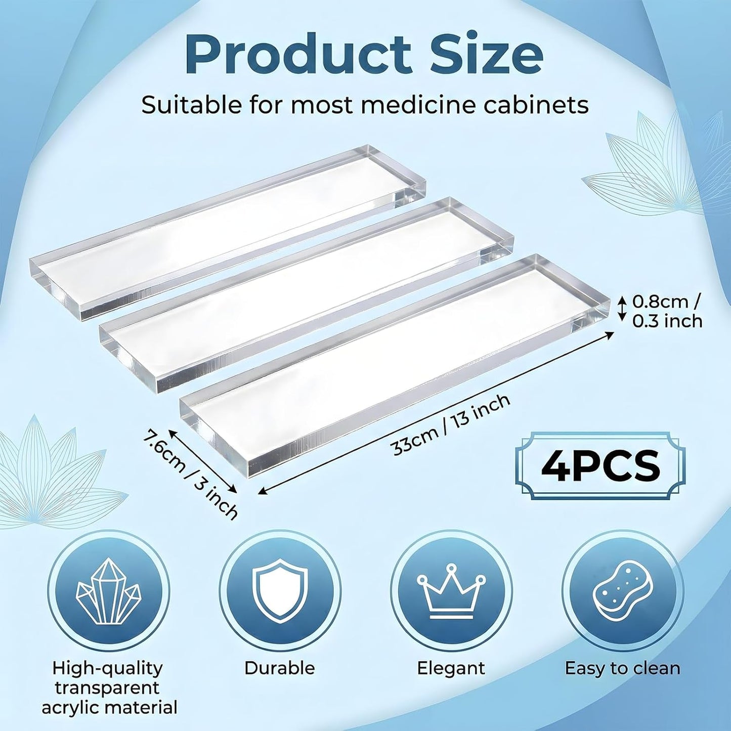 4 Estantes Repuesto Botiquín Acrílico 13pulg Pared