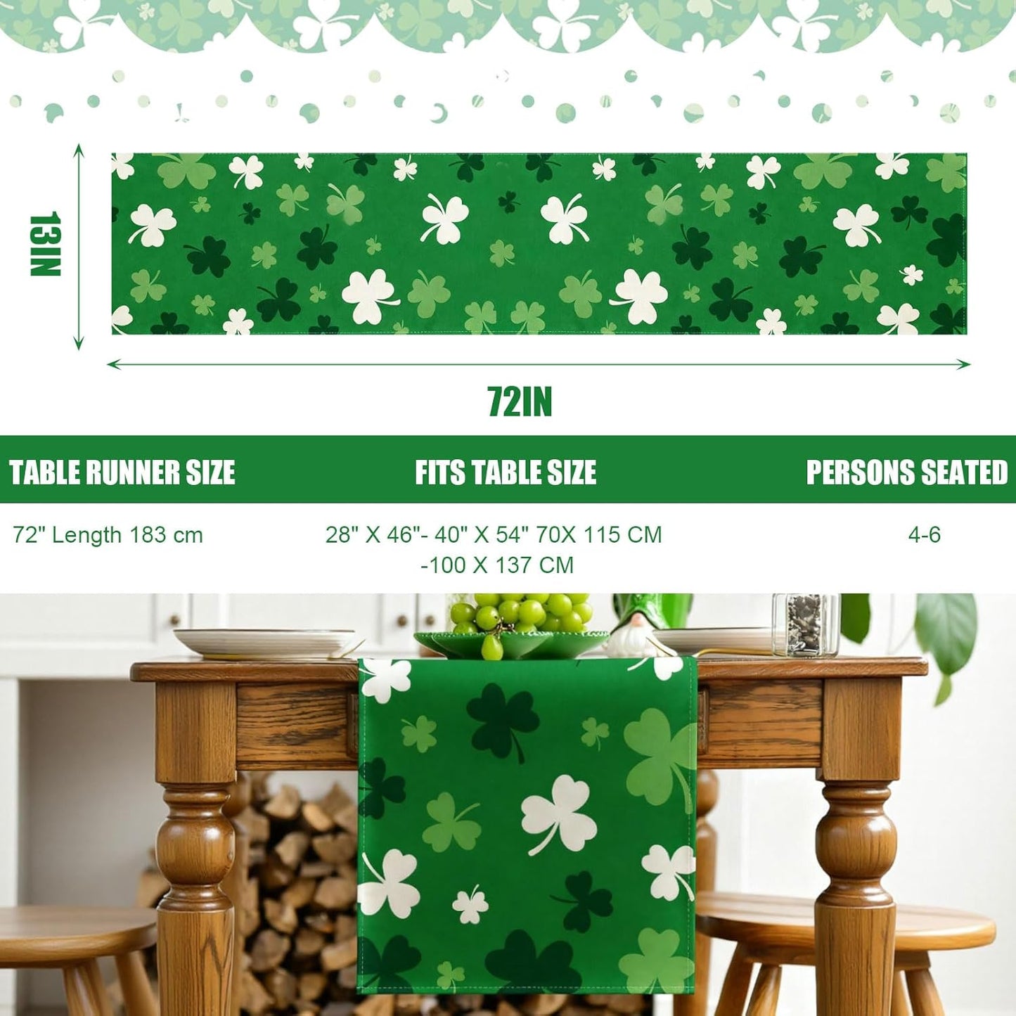 Camino de mesa Día de San Patricio 72 x 13 pulgadas decoración tréboles blancos y verdes