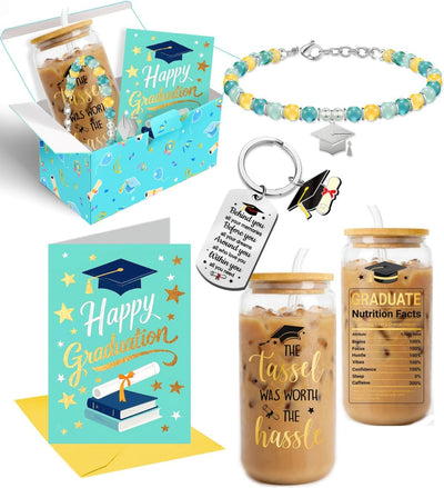 Caja regalo graduación 4 Pzas cristal pulsera vaso llavero