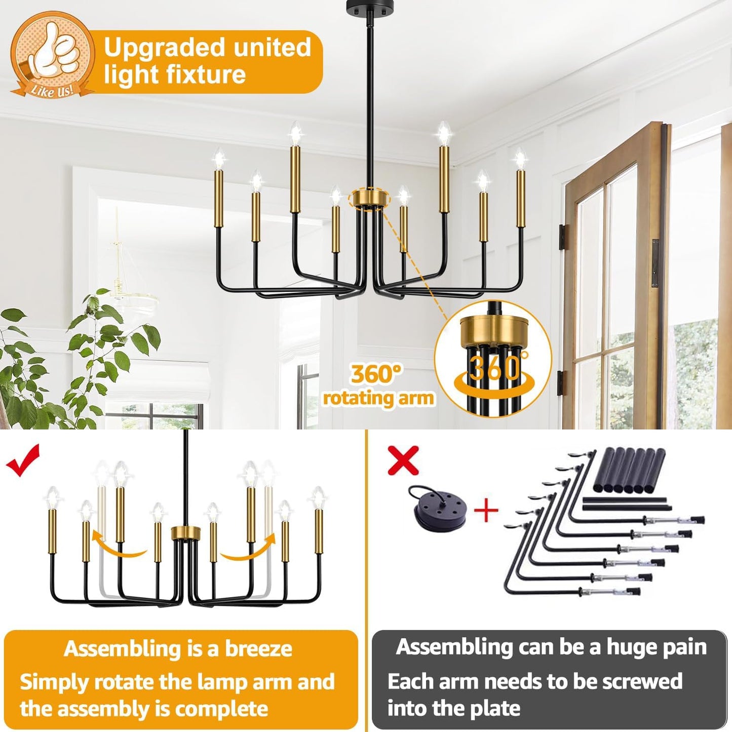 Candelabro 8 luces negro dorado para comedor y sala
