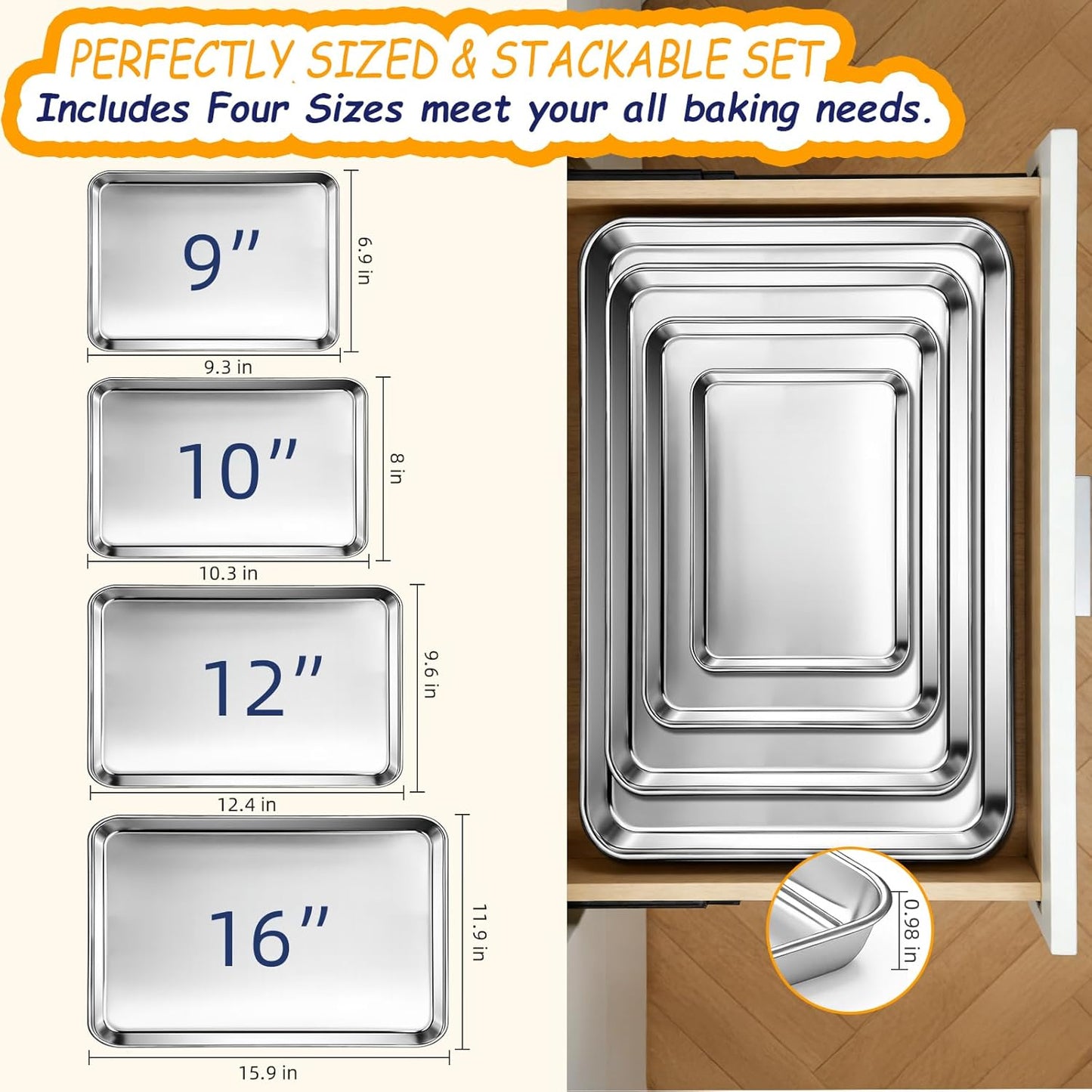 Juego de 4 bandejas de horno de acero inoxidable CEKEE resistentes antiadherentes