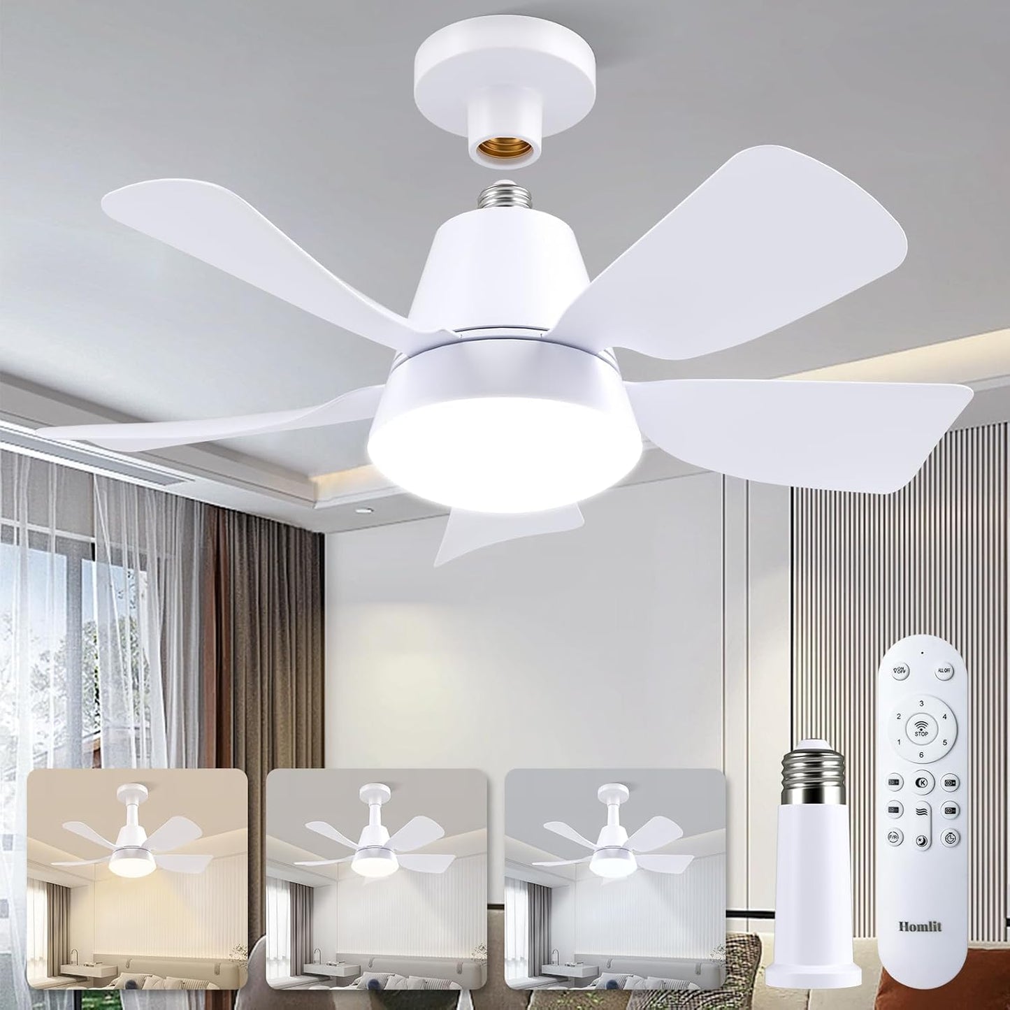Ventilador enchufe luz control remoto 3000K-6500K 5 cuchillas