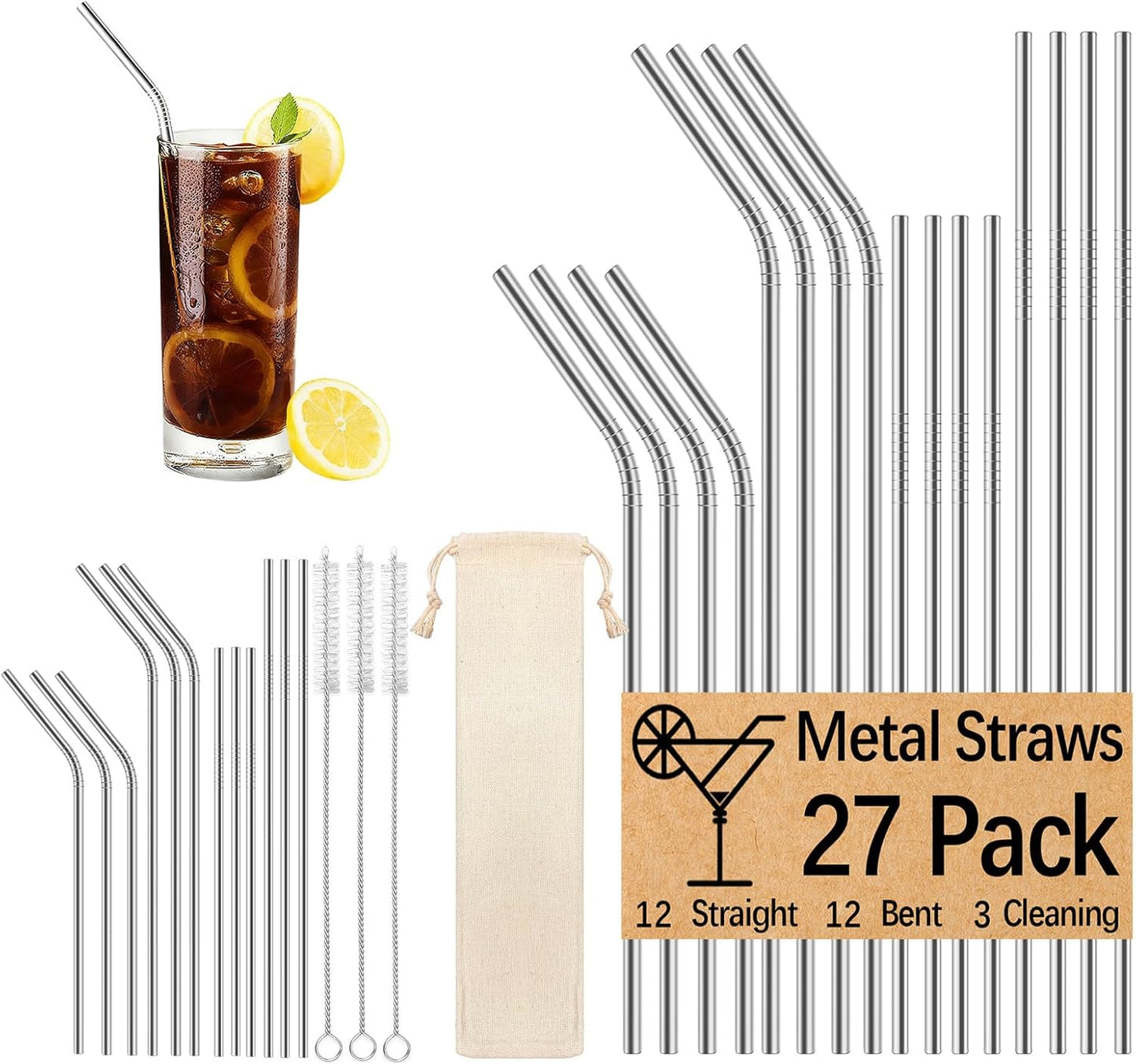 27 Pzas Pajitas Acero Inox 20-30oz con 3 Cepillos
