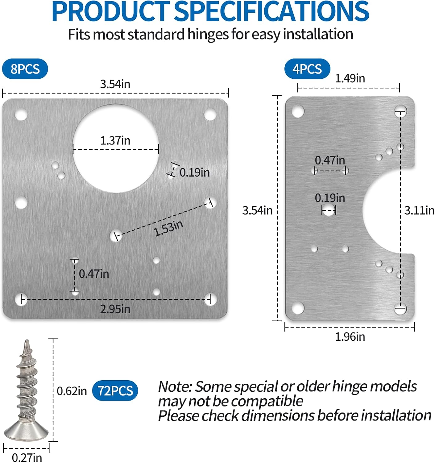 Kit placa bisagras acero inox soporte fijacion 12pulg