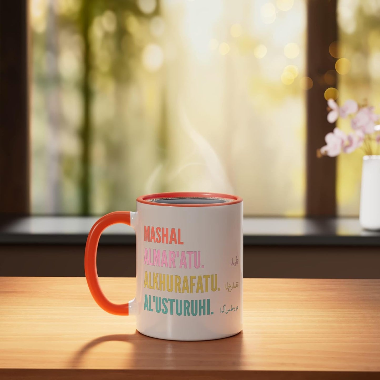 Taza cerámica Mashal con nombre árabe divertido en naranja/blanco