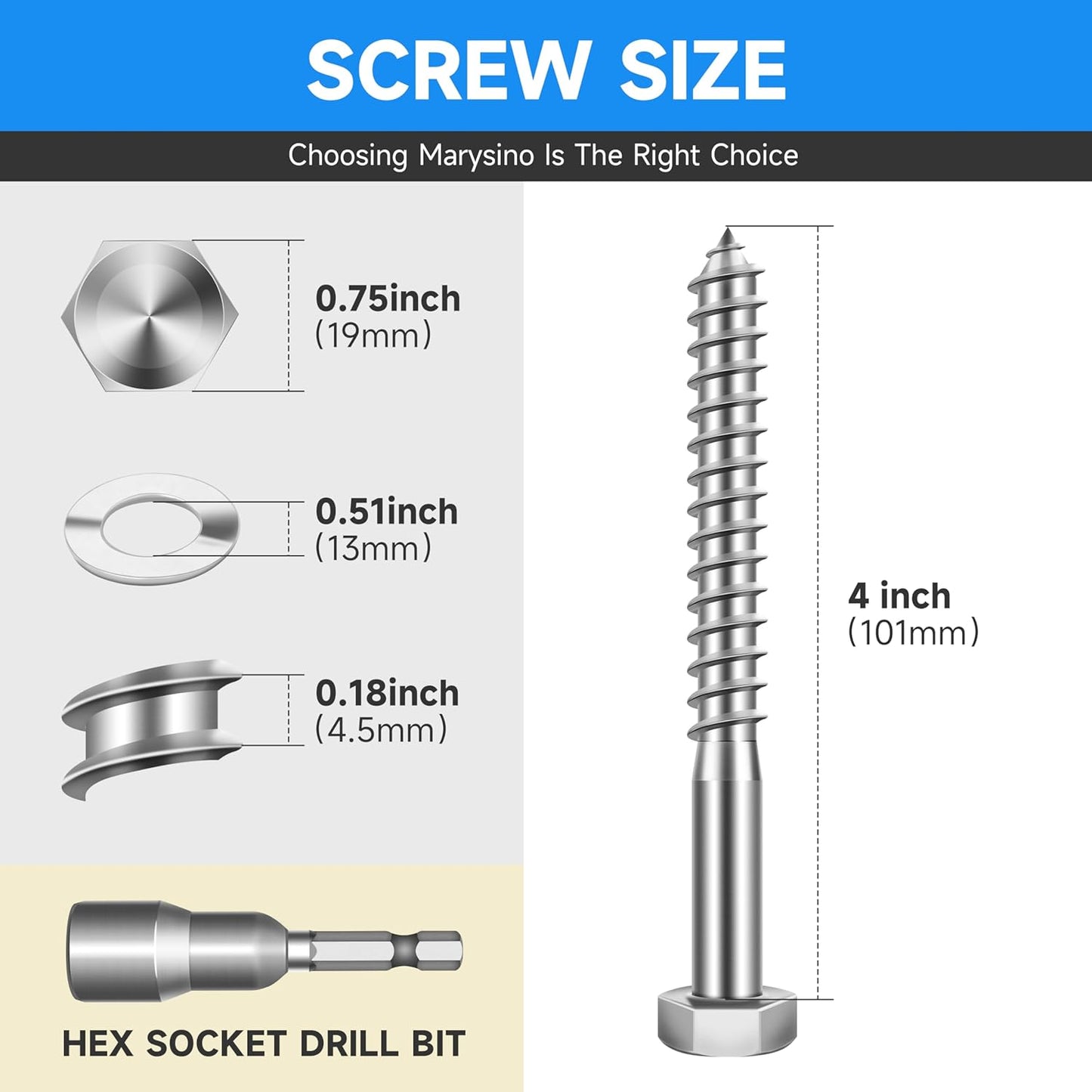 Tornillos acero inox 1/2x4 con cabeza hexagonal para madera