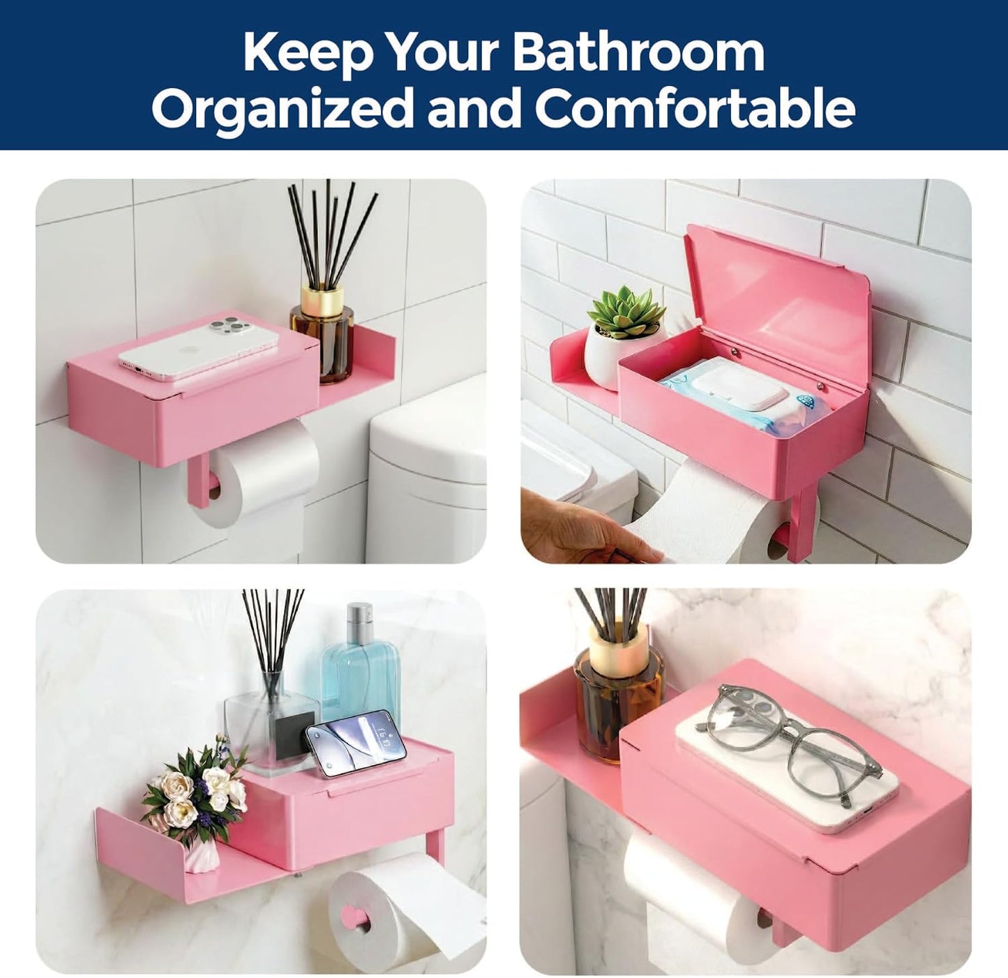 Soporte papel higiénico rosa con estante y dispensador