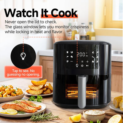 Freidora aire compacta 5qt con pantalla tactil y ventana