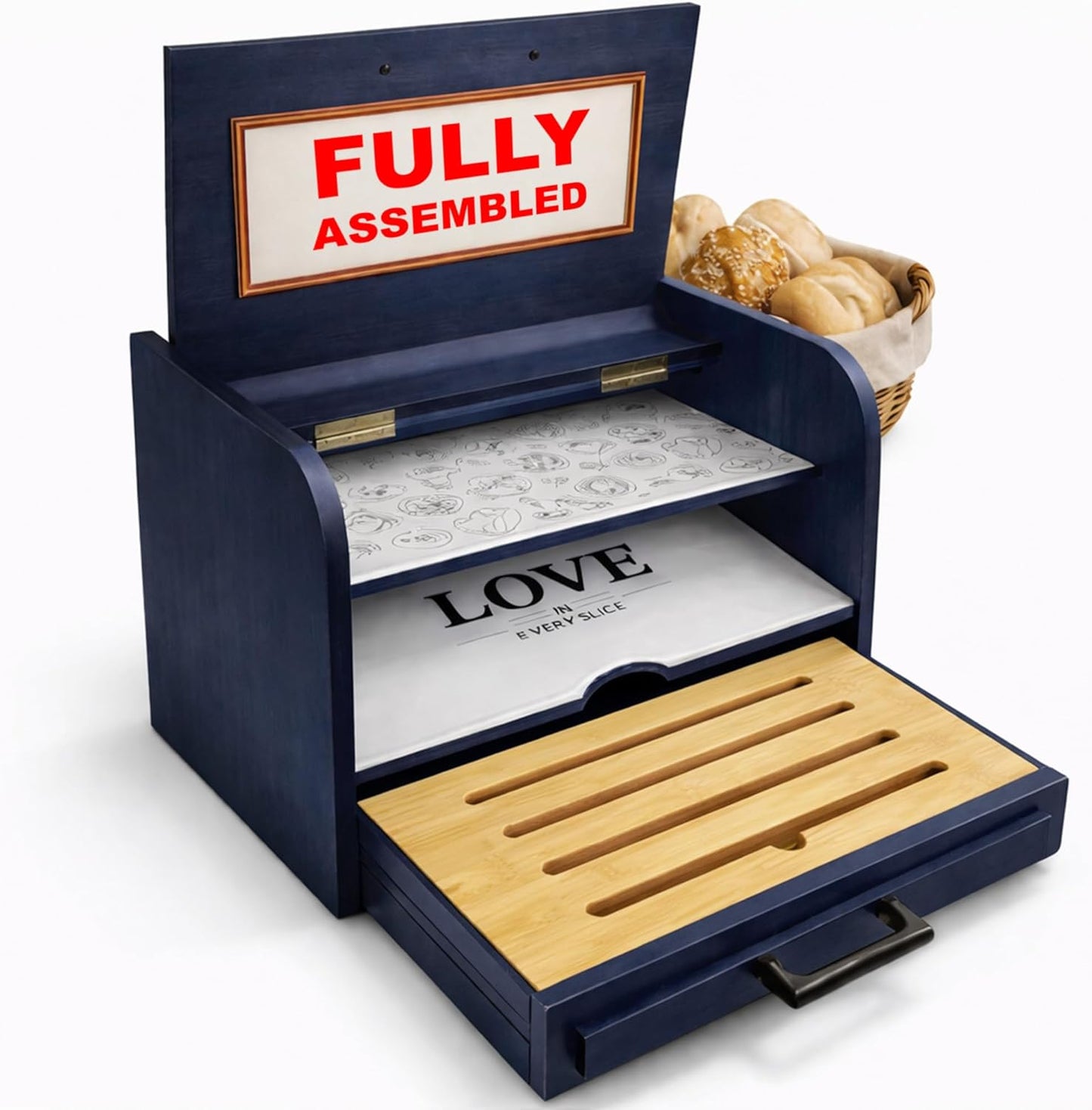 Caja pan madera real vintage azul grande para cocina