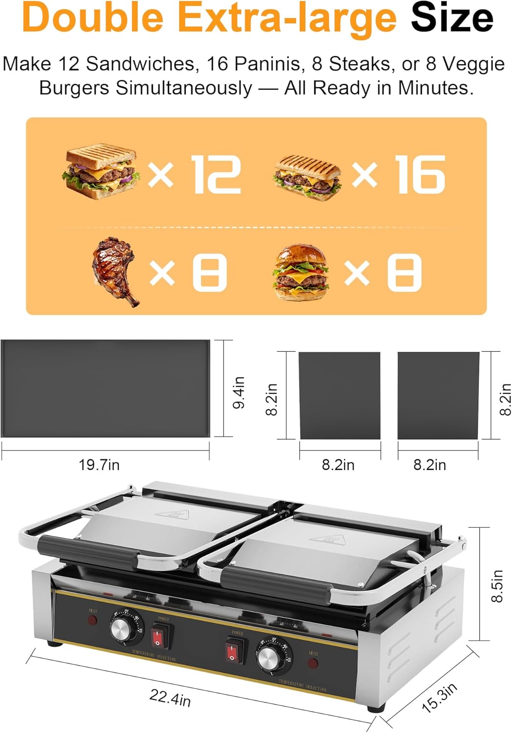 Prensa Panini 3600W acero inox con parrilla doble 19x9pulg