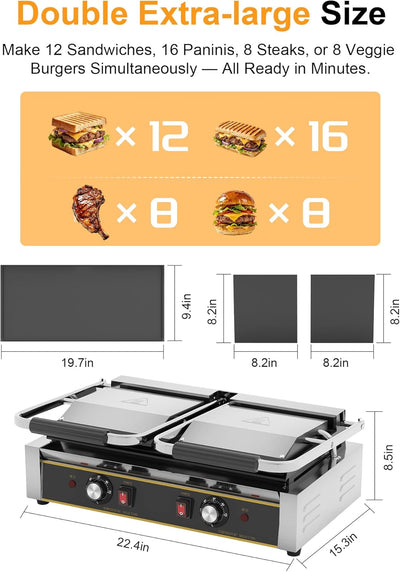 Prensa Panini 3600W acero inox con parrilla doble 19x9pulg