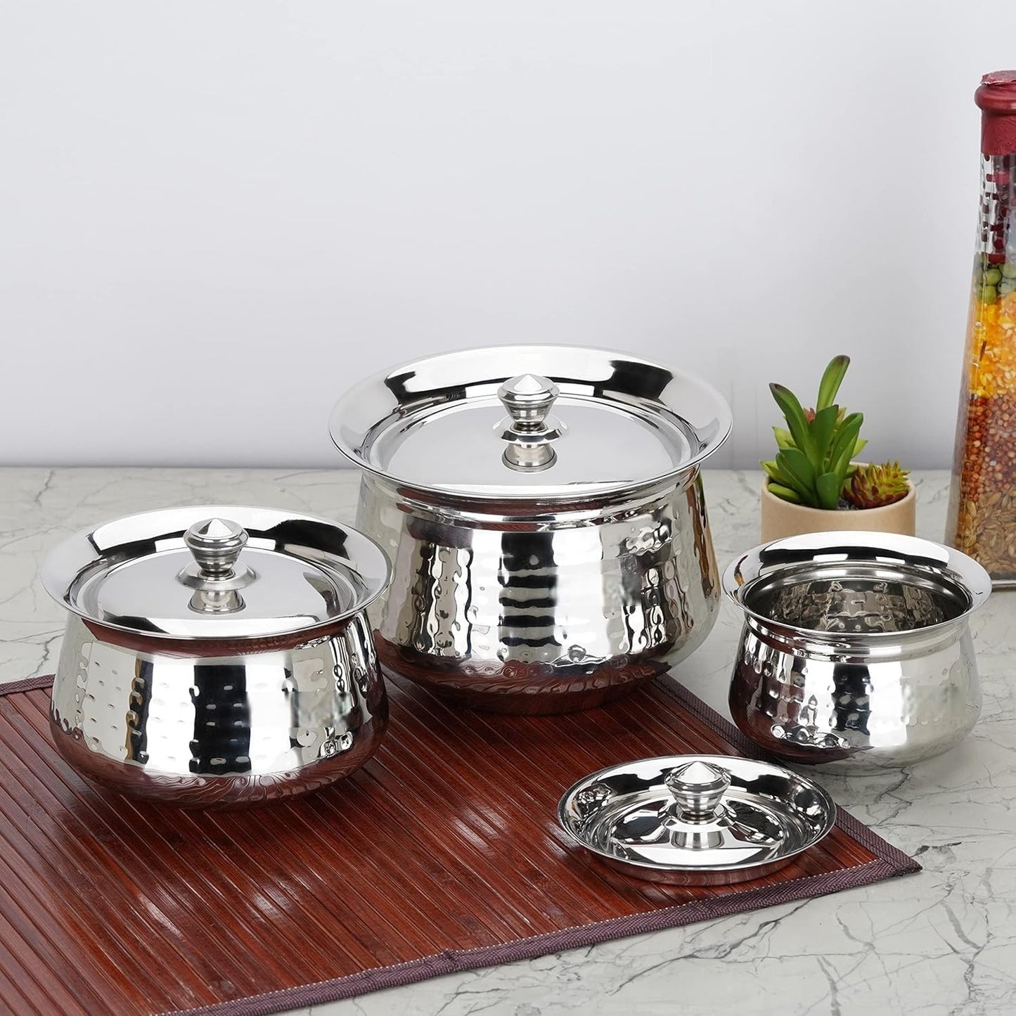 Set 3 Pzas Jarras Acero Inox Martillado Plateado 15.6-57.5oz