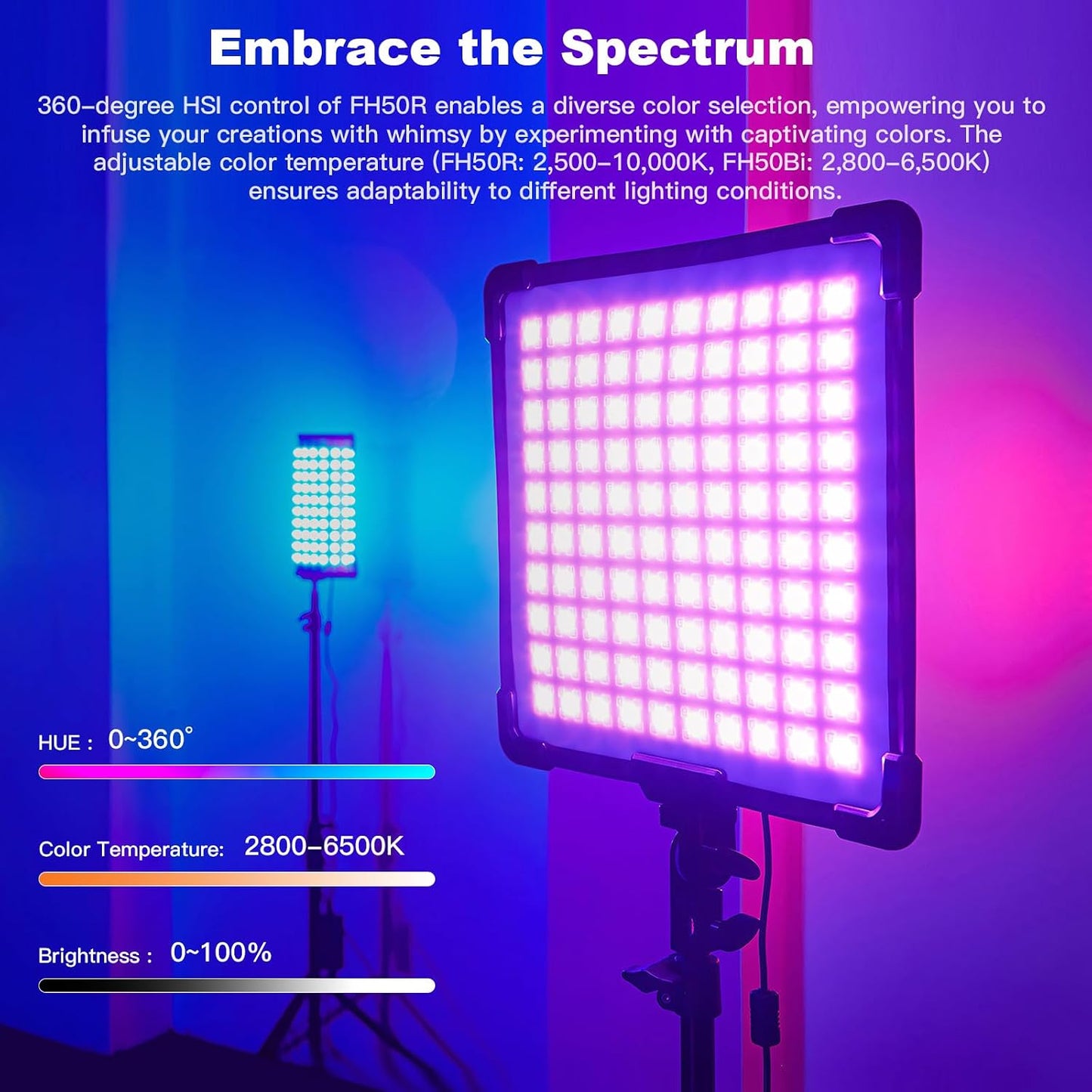 Panel LED flexible 2500-10000K CRI97 RGB portátil con soporte