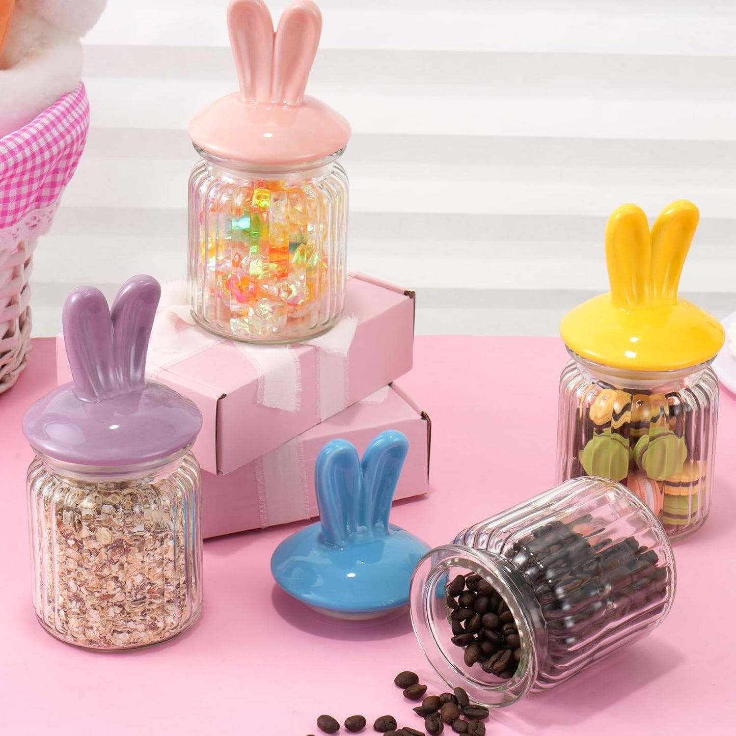 4 Tarros Cristal con Tapas Cerámica para Dulces Pascua