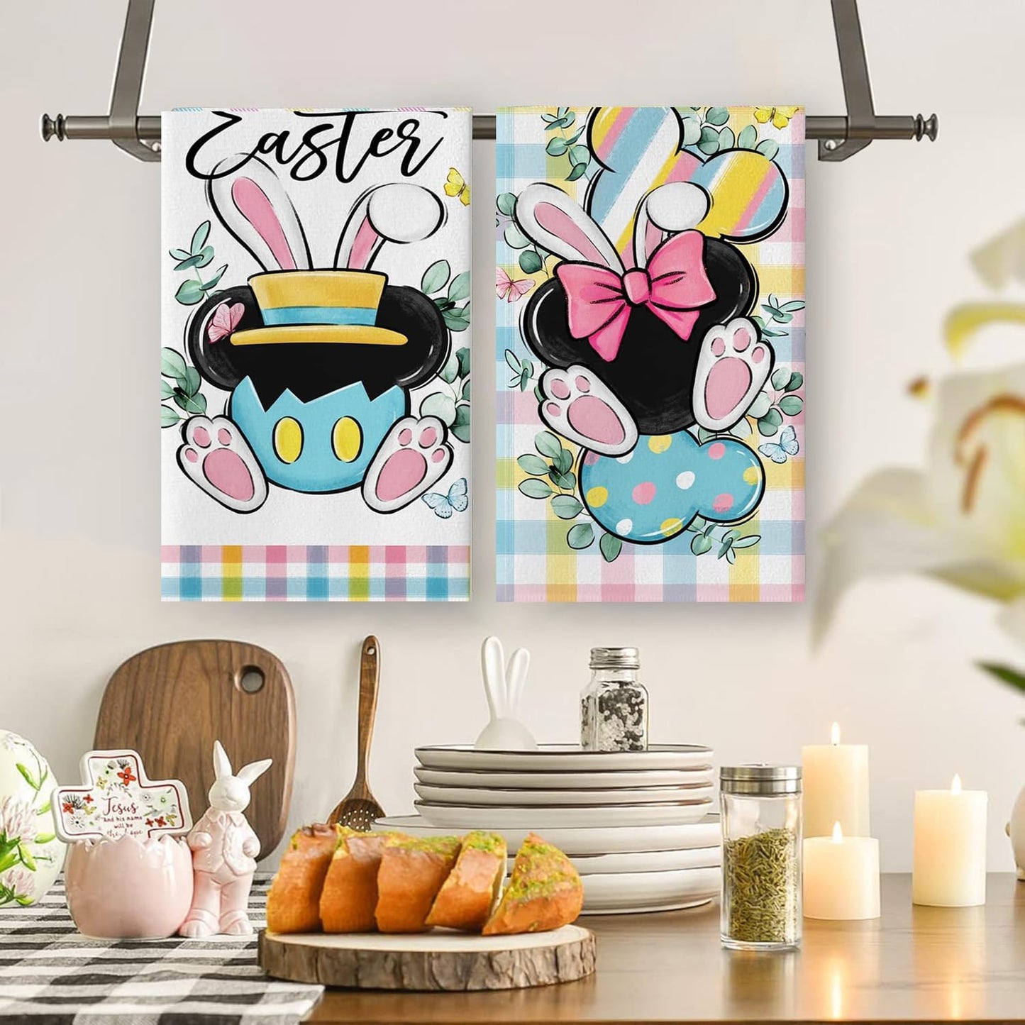 Juego de 2 paños de cocina Pascua 18x26 colores conejos primavera