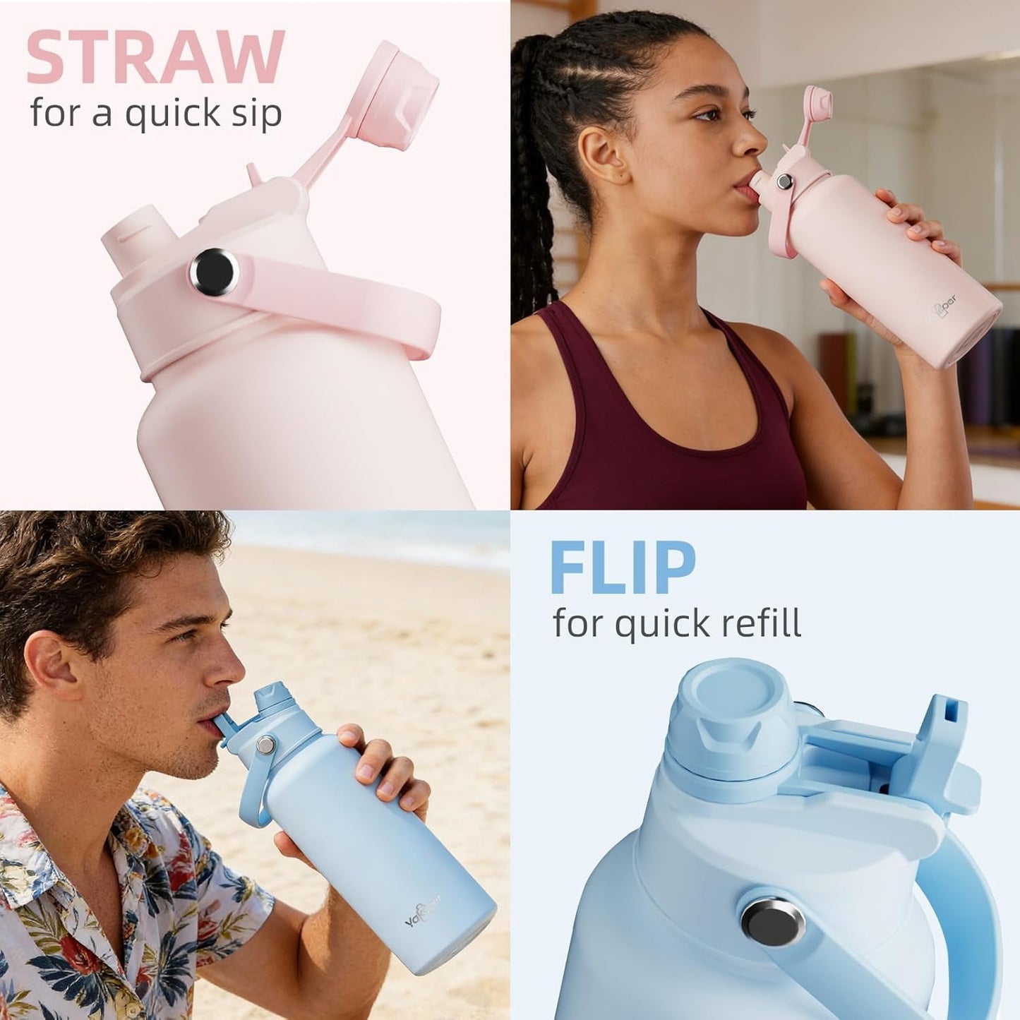 Botella de agua aislada de acero inoxidable 304 con popote 2 en 1