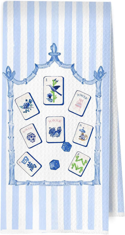 Toallas de cocina Mahjong azul y blanca Grandmillennial decoración hogar