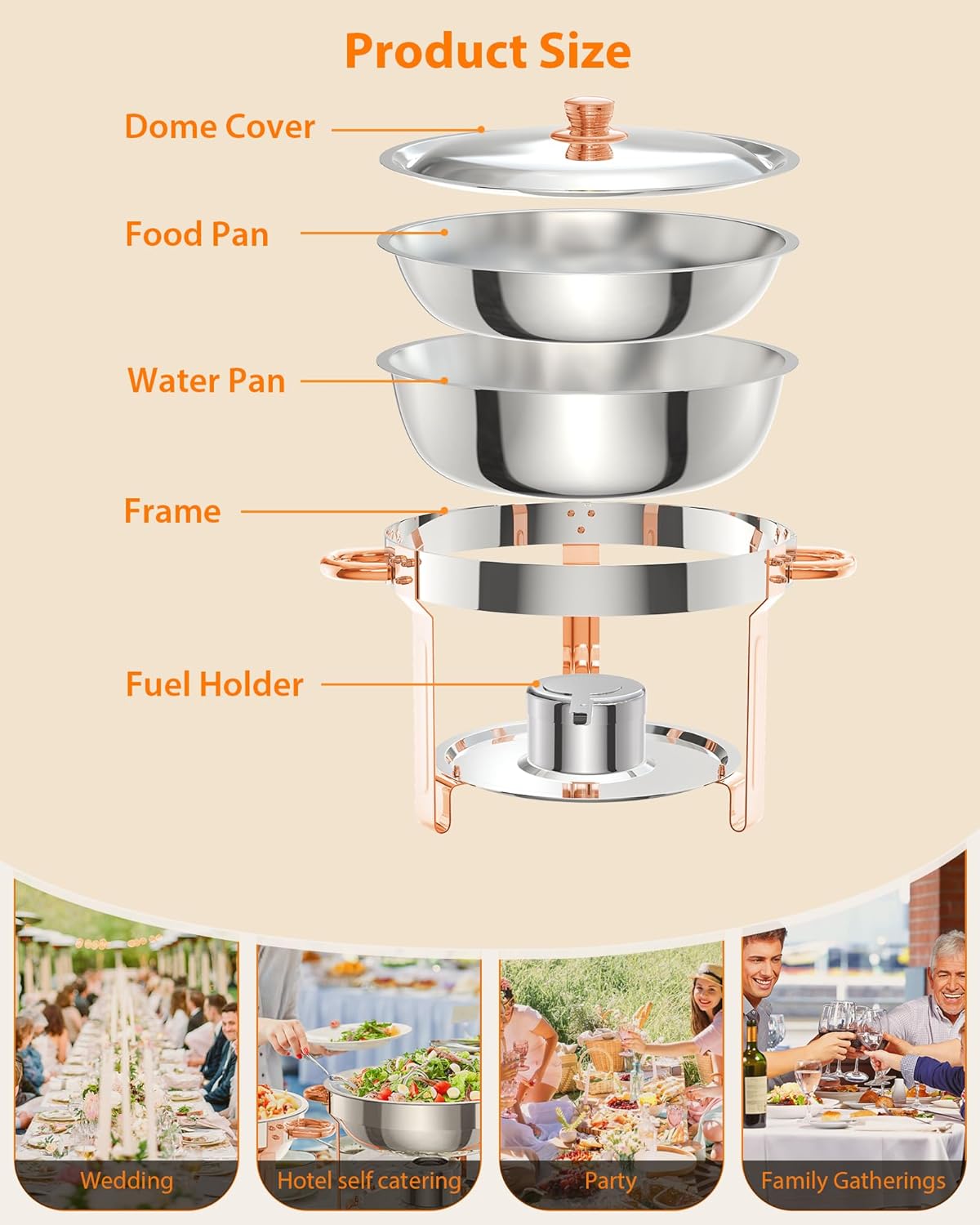 6 Pzas Platos Bufé Acero Inox 5qt Con Tapa Soporte