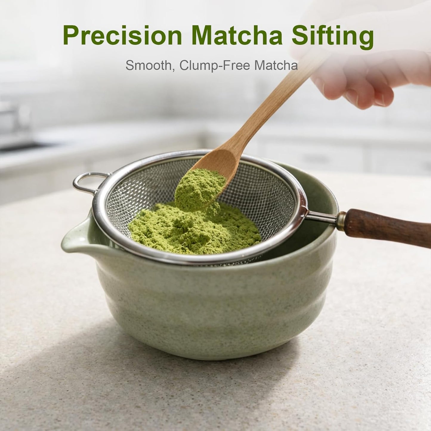 Tamiz matcha de acero inoxidable con mango de madera para té y cacao