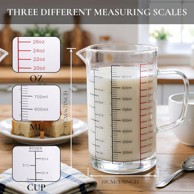 Taza medidora de vidrio transparente con mango y boquilla en V, triple escala