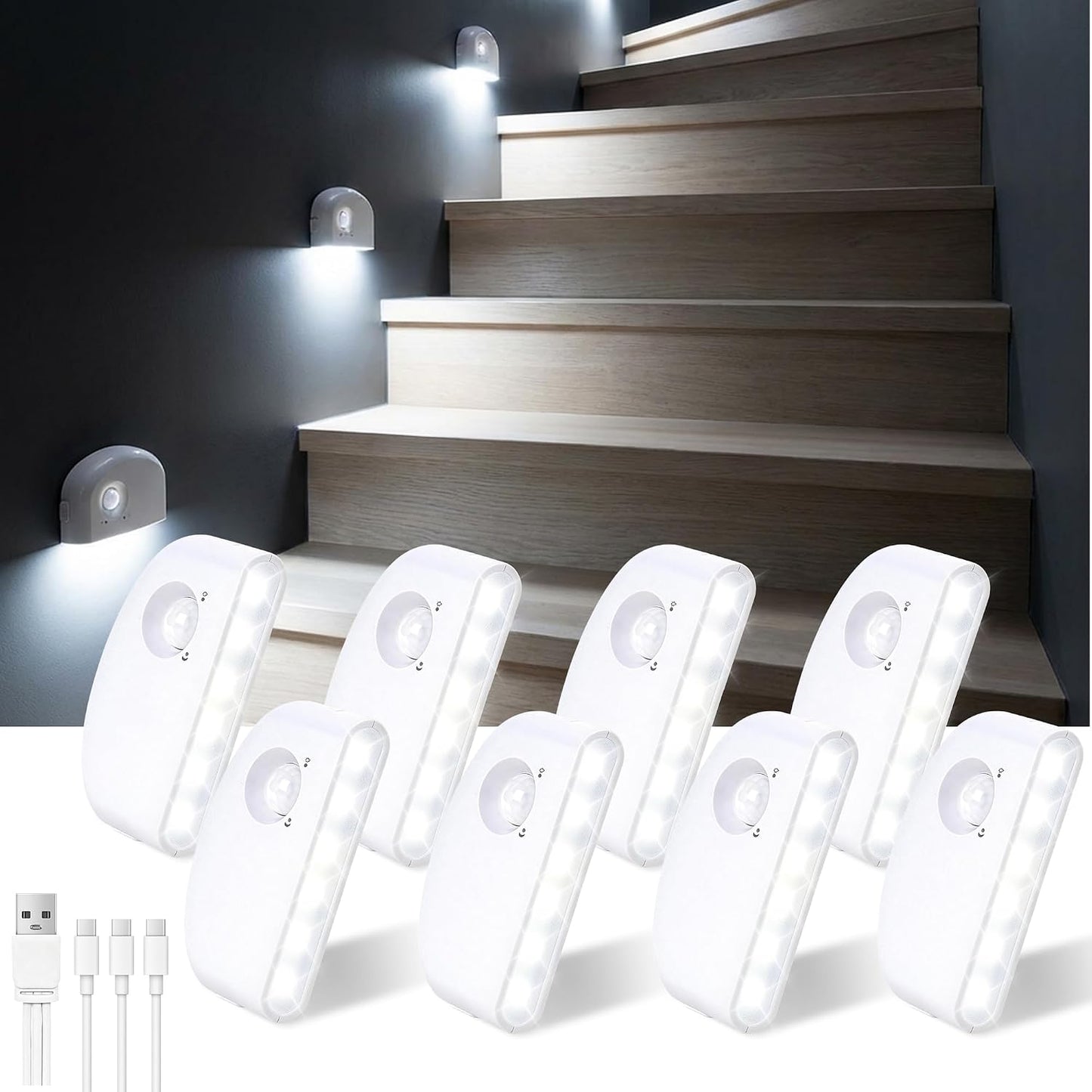 8 Luces LED Recargables Sensor Movimiento Escaleras Pasillos