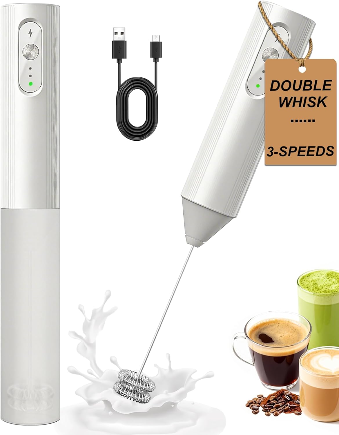 Espumador de leche recargable con tapa de 3 velocidades para café, latte y capuchino