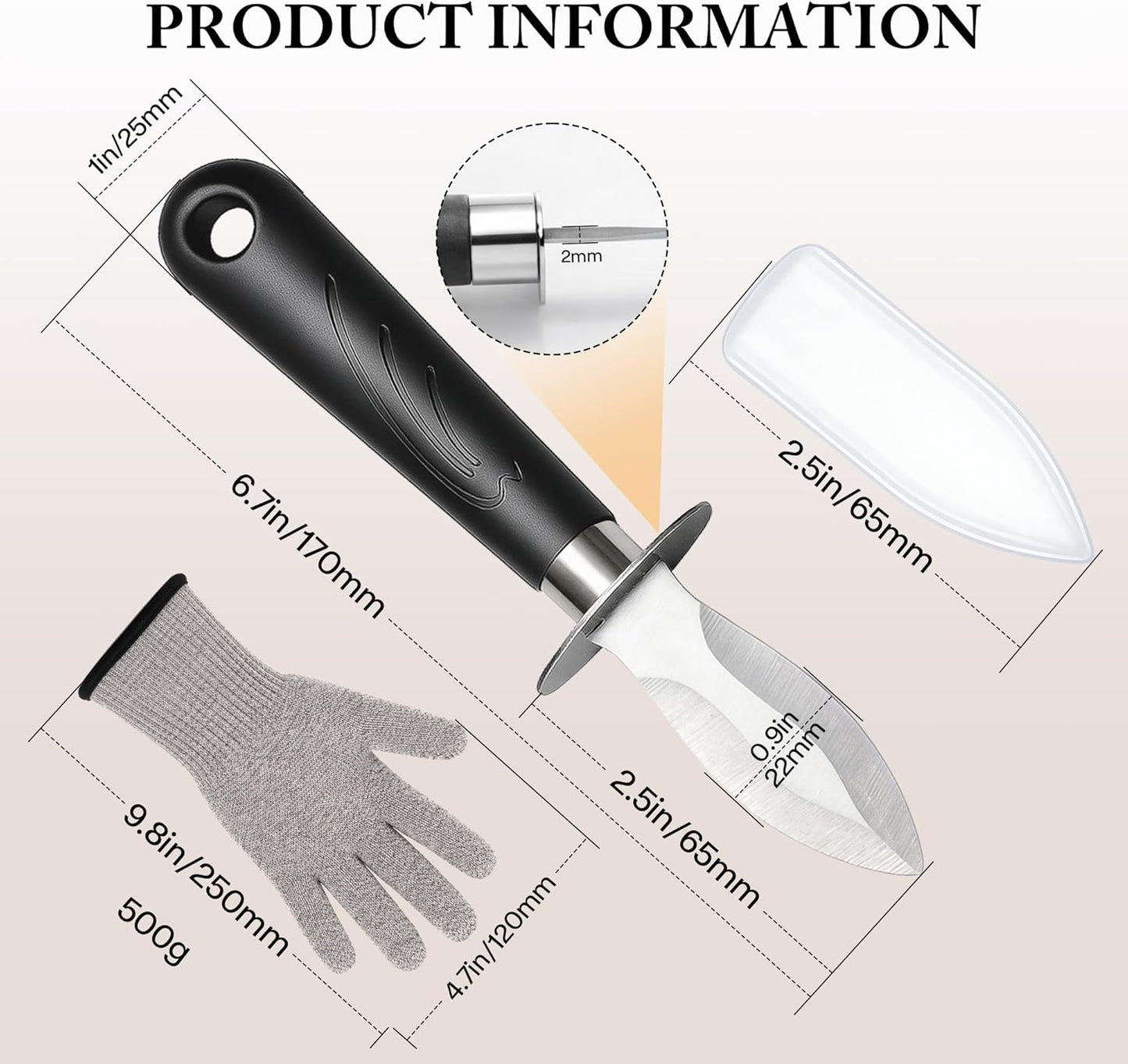 Juego cuchillos shucker ostras acero inox funda PVC guantes
