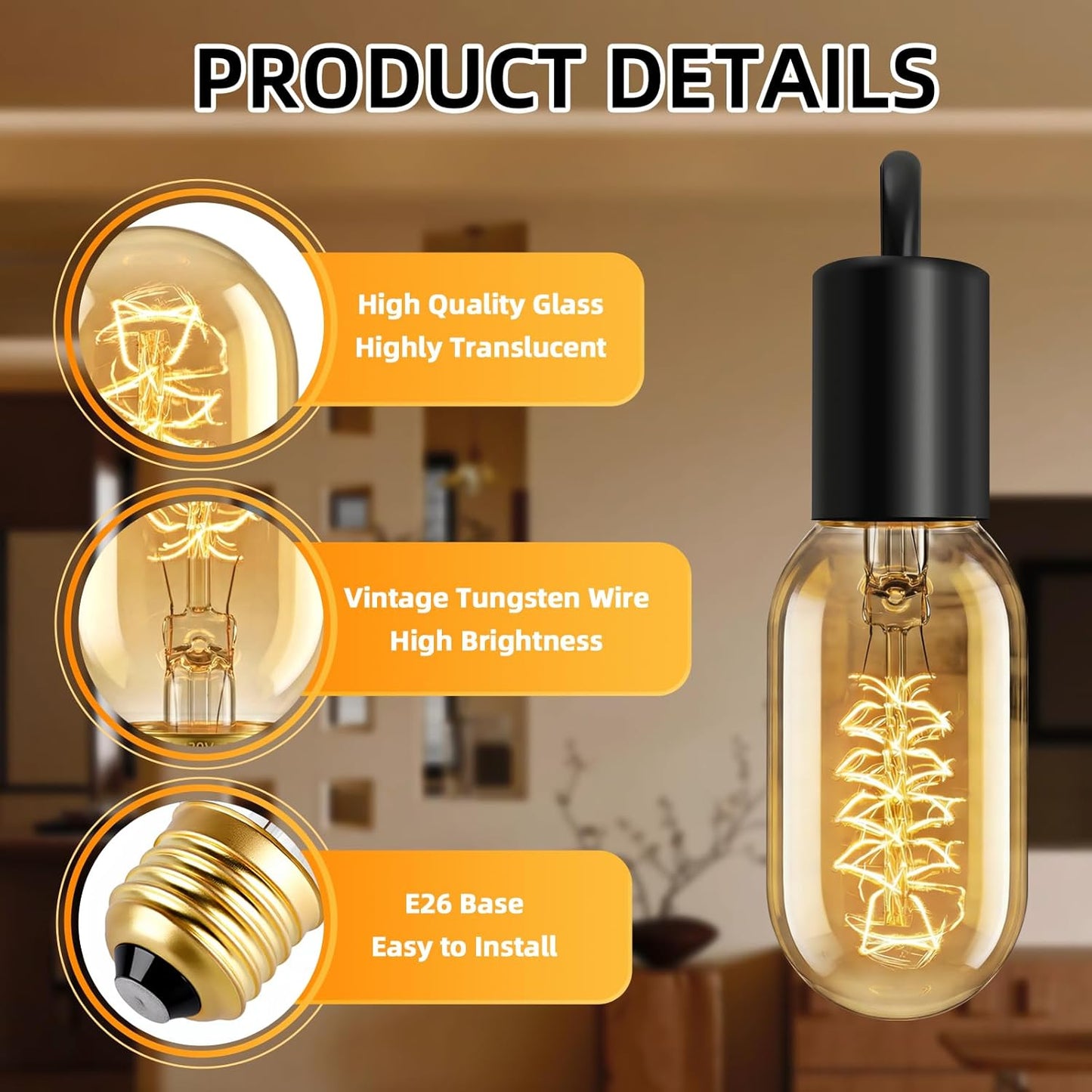 Bombilla Edison T45 E26 regulable filamento vidrio ambar 2200