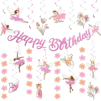 Decoración fiesta ballet con flores papel y pancarta