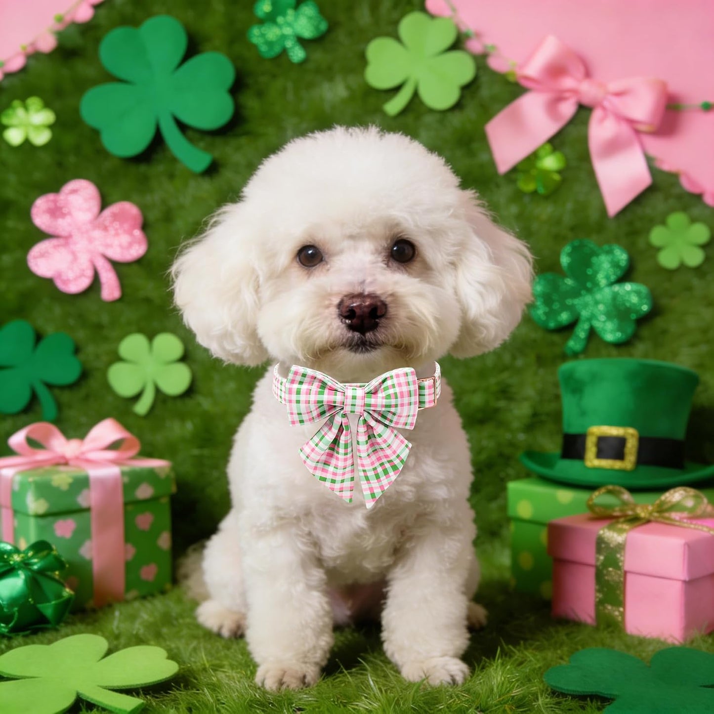 Collar perro cuadros rosa cereza verde corbatín marinero ajustable