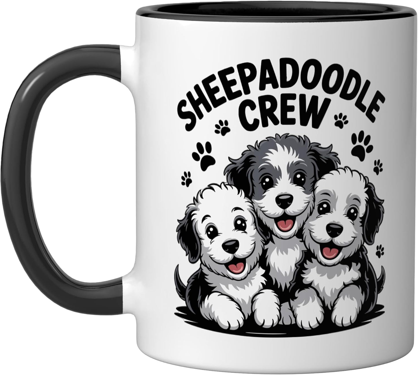 Taza cerámica Sheepadoodle para dueños de perros estilo cartoon negro/blanco