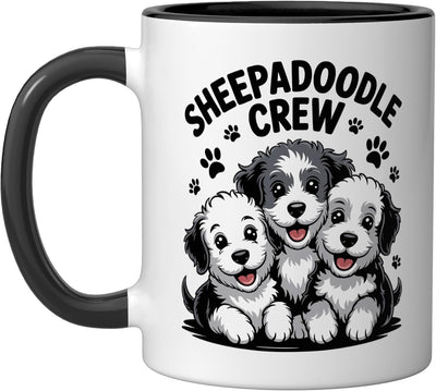 Taza cerámica Sheepadoodle para dueños de perros estilo cartoon negro/blanco