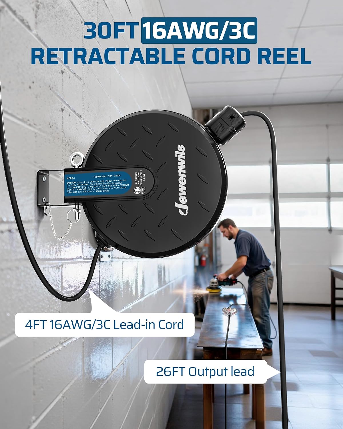 Carrete cable extensión retráctil 30ft 3 salidas iluminadas