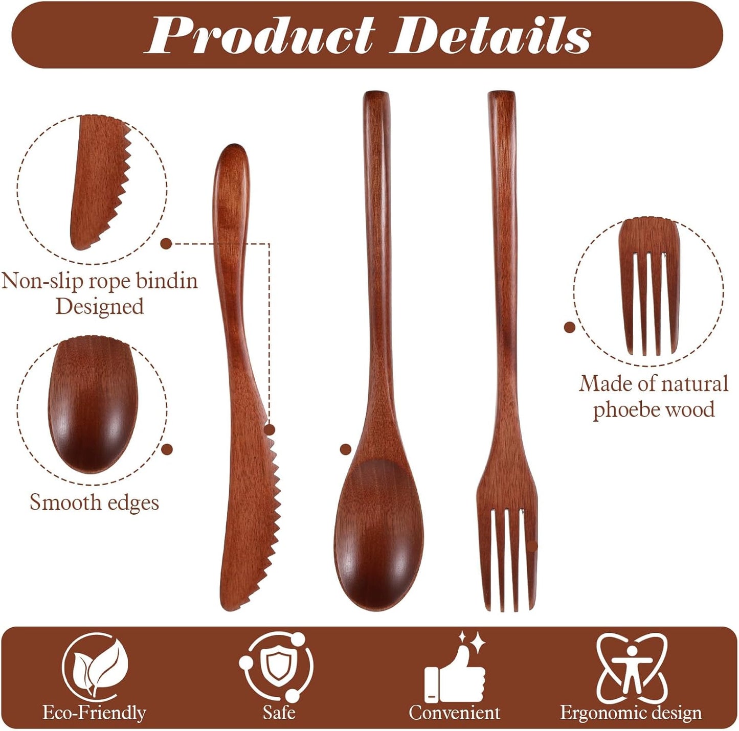 Set 3 Pzas Utensilios Madera Reutilizables Viaje Camping