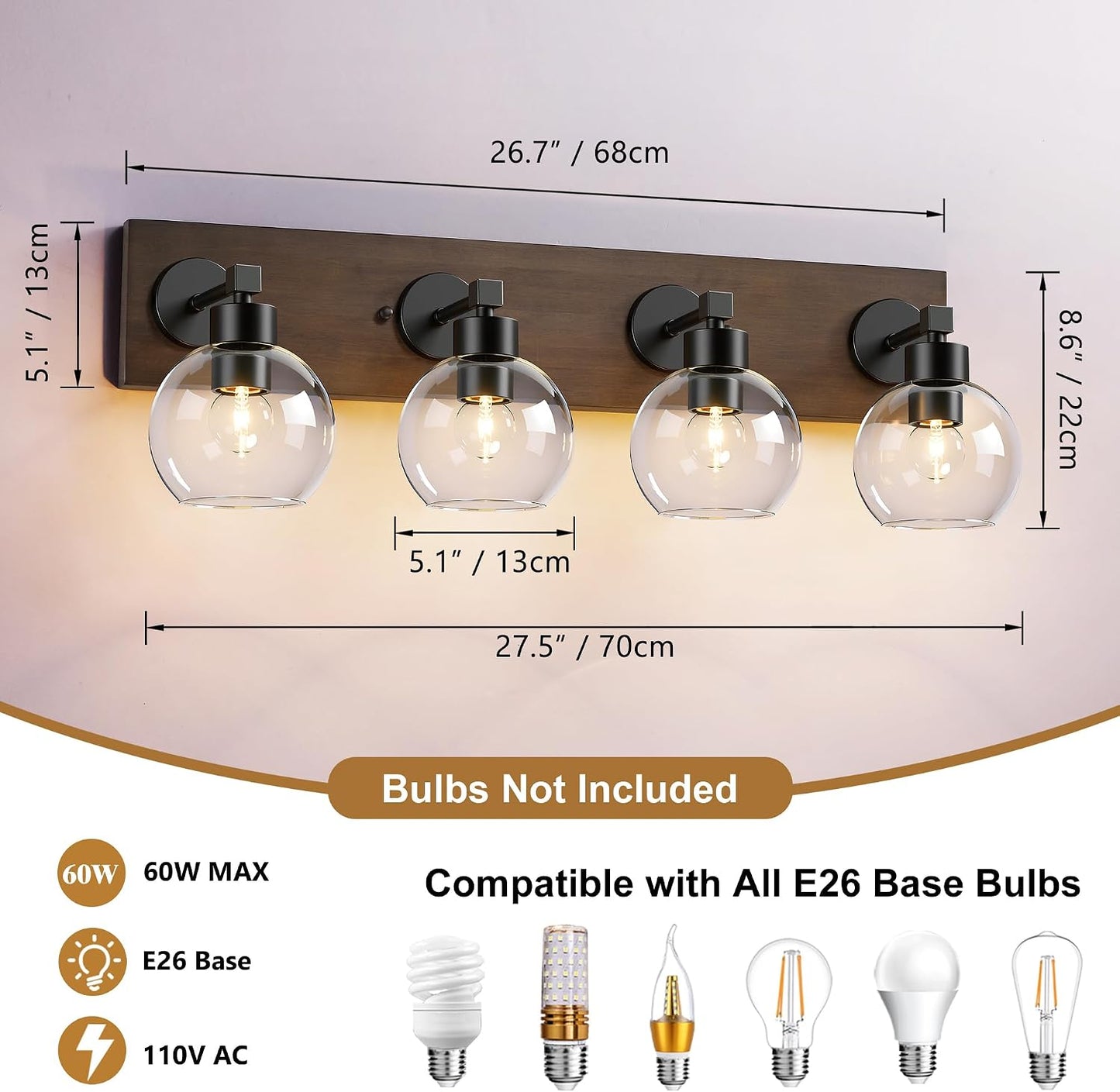 Lámpara tocador baño madera negra 4 luces vidrio
