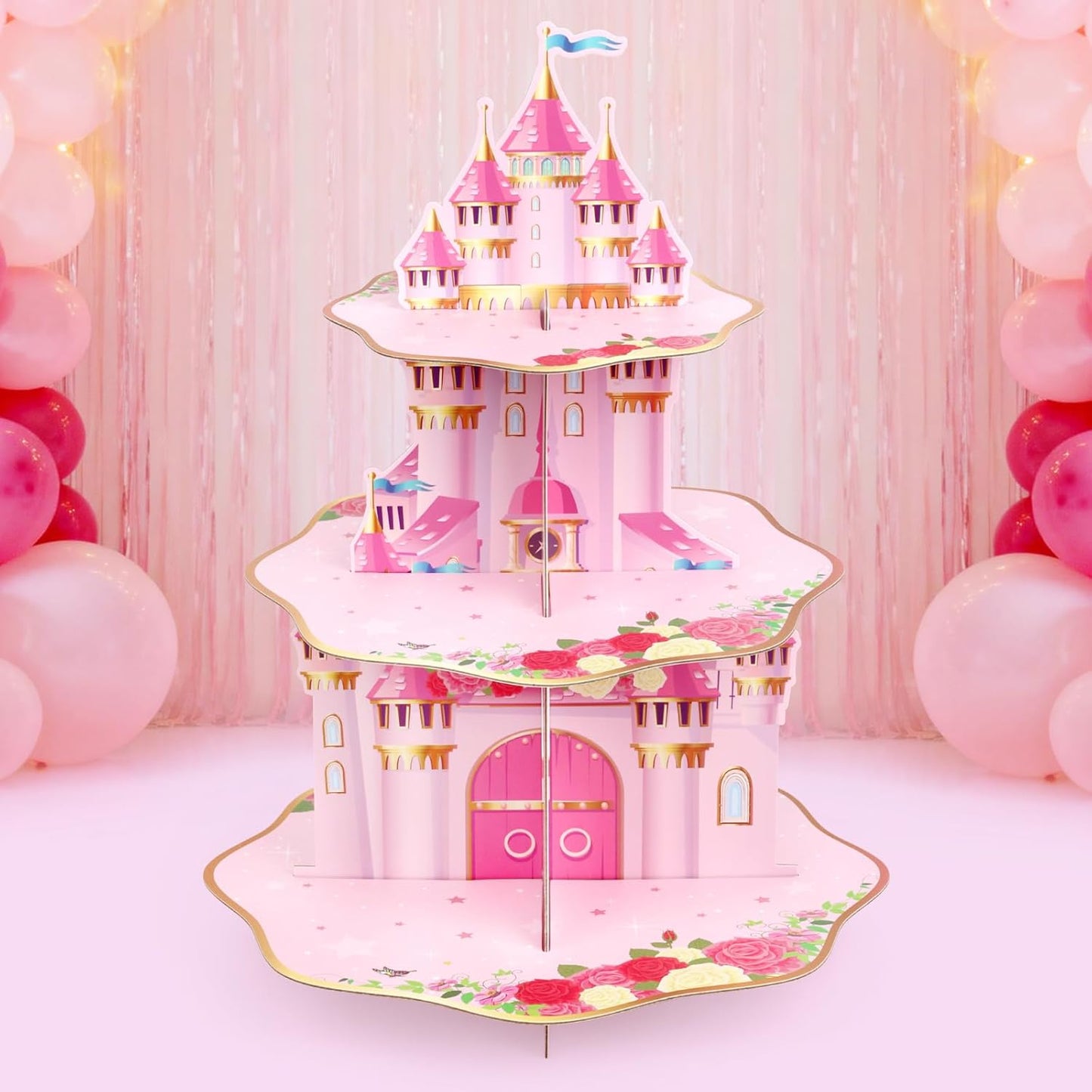 Soporte cupcakes 3 niveles castillo rosa fiesta niña