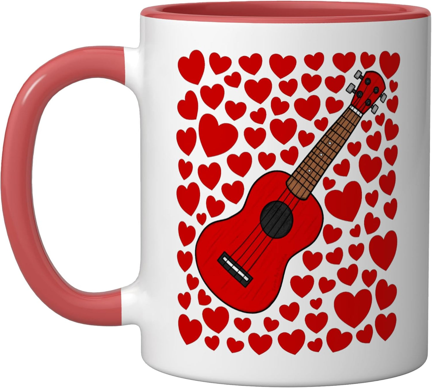 Taza cerámica ukulele con corazones rojo/blanco