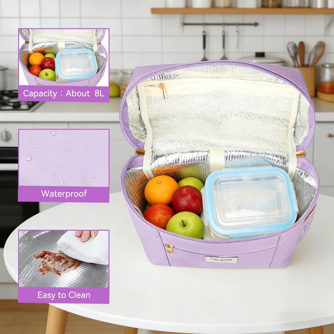 Bolsa almuerzo térmica impermeable con soporte botella morado
