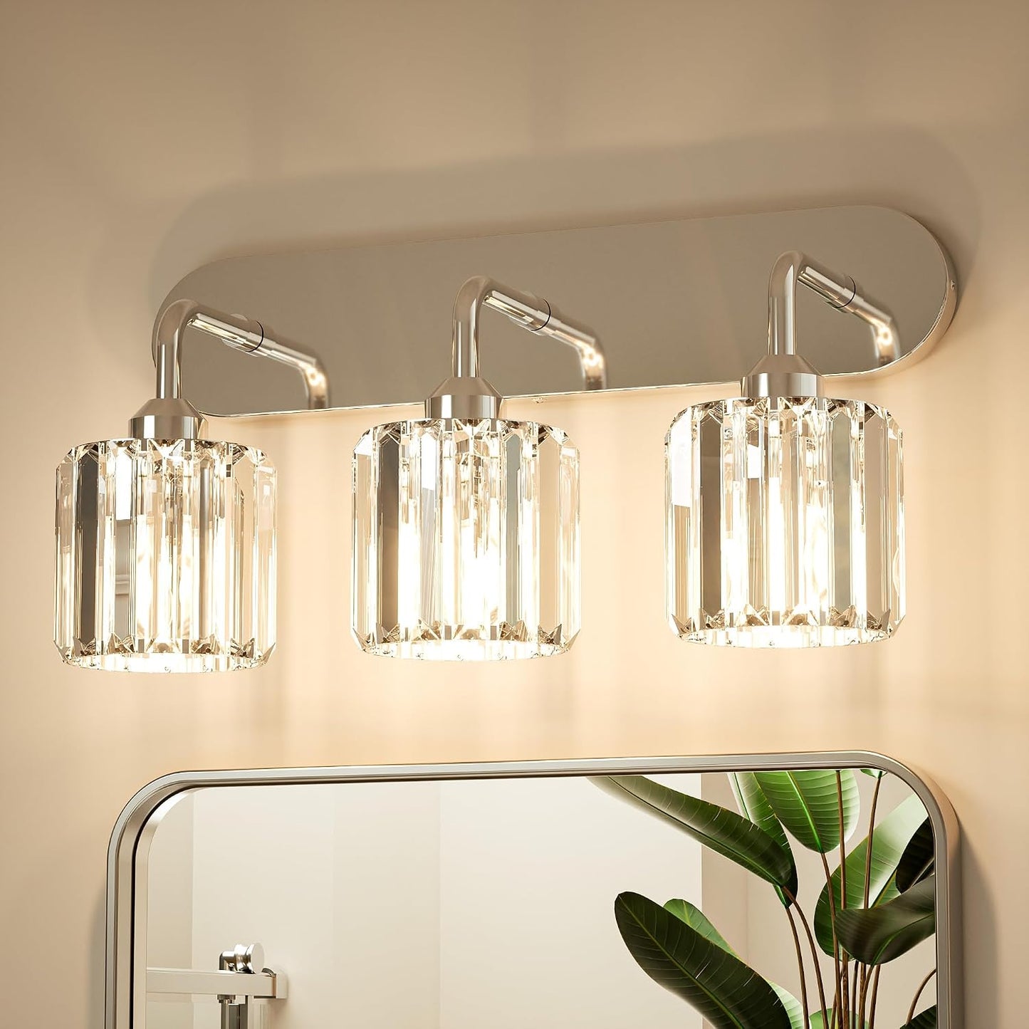 Lámpara baño cromada 3 luces cristal sobre espejo E26