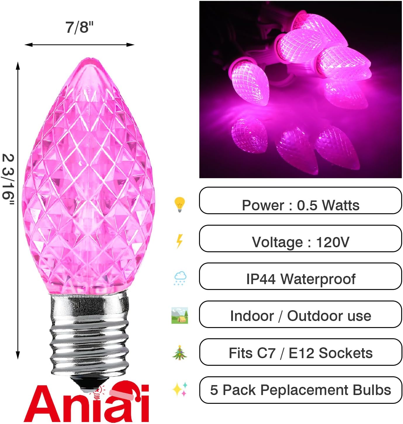 5 Bombillas LED C7 Base E12 Rosa Repuesto Tira Luces Exterior