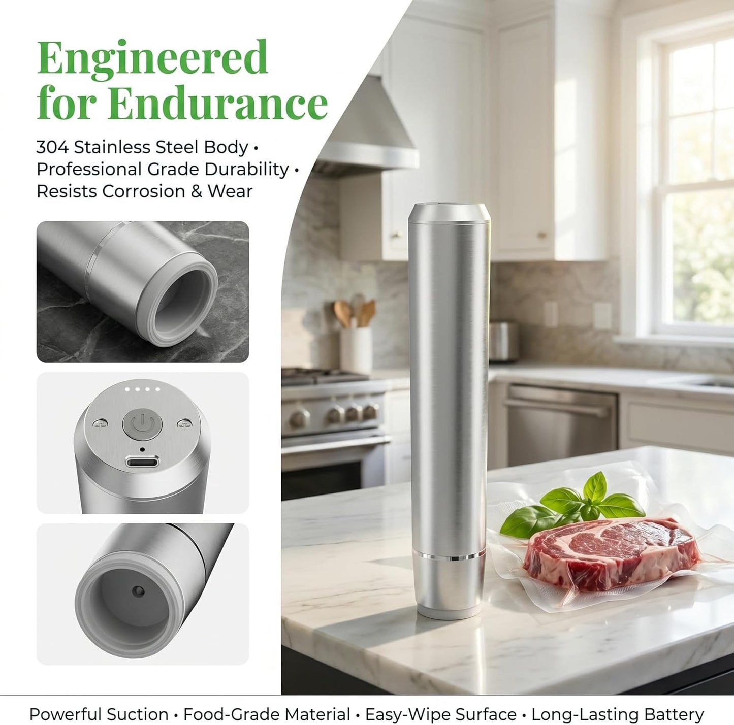 Sellador al vacío acero inox 304 con 10 bolsas reutilizables